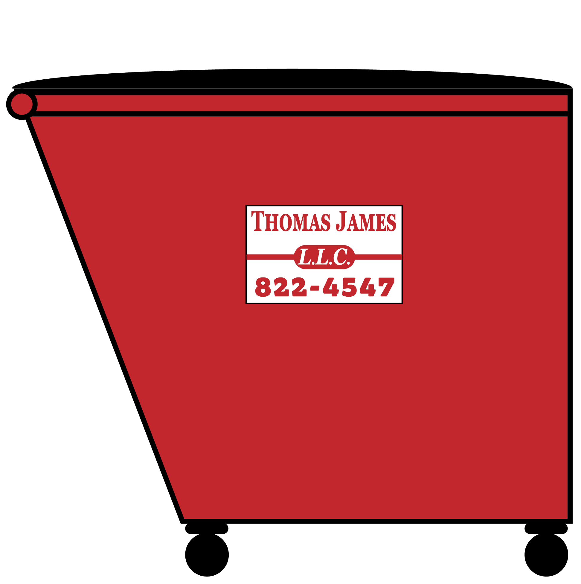 Red 2-yard commercial dumpster with the Thomas James logo on it.