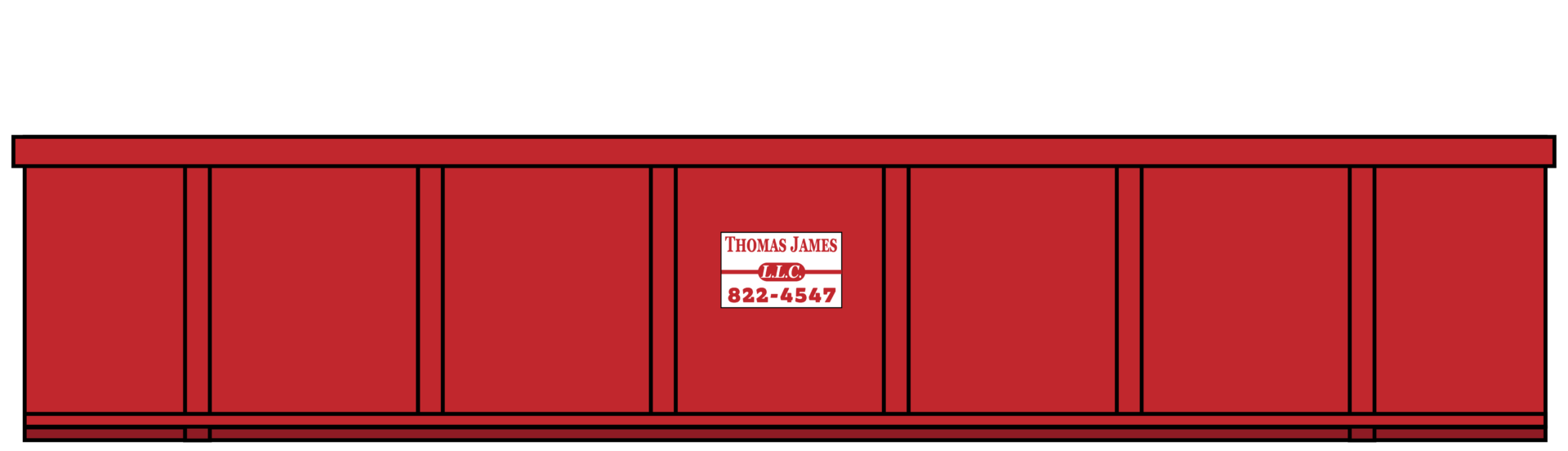 Red 20-yard hook lift box with the Thomas James logo on it.