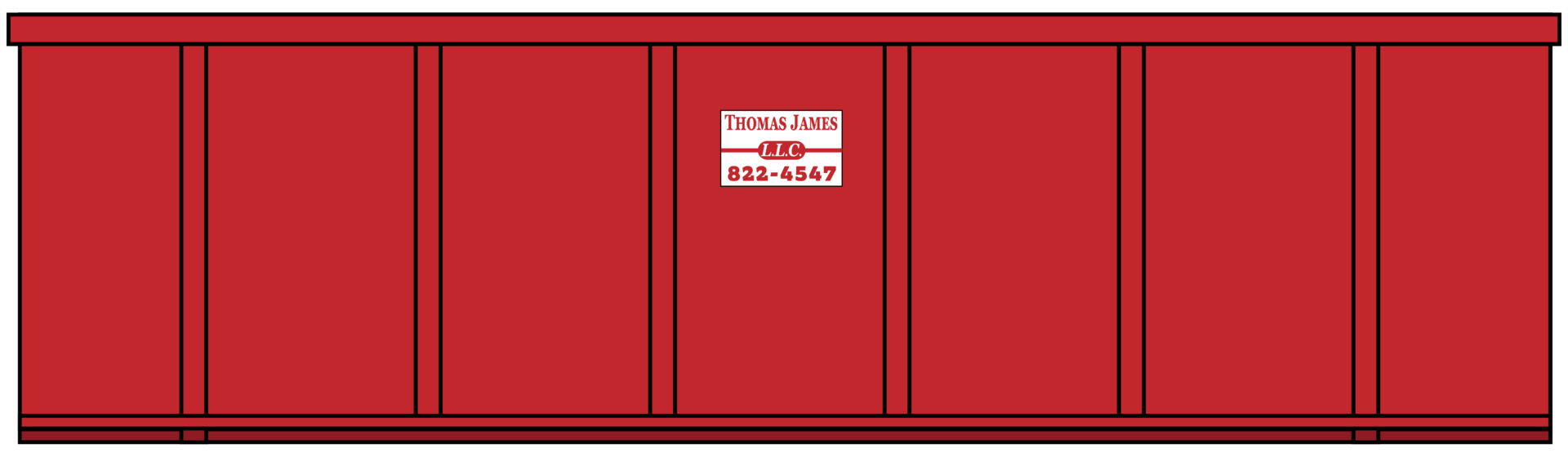 Red 30-yard hook lift box with the Thomas James logo on it.