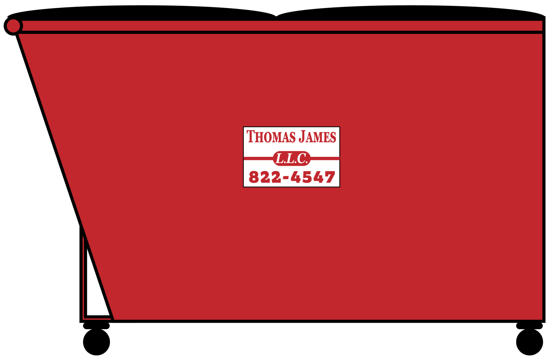 Red 4-yard commercial dumpster with the Thomas James logo on it.