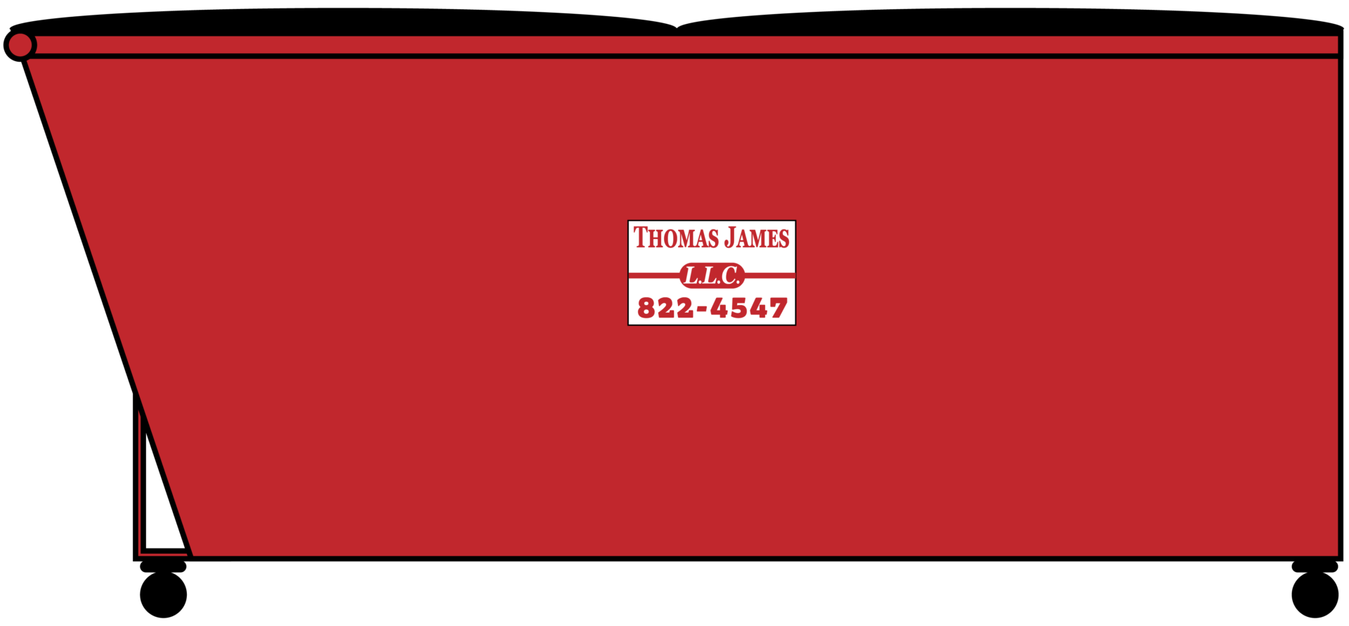 Red 6-yard commercial dumpster with the Thomas James logo on it.